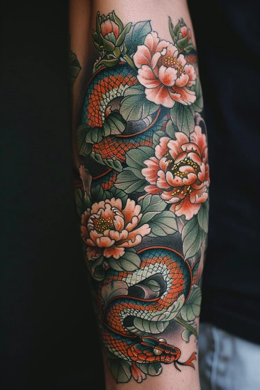 Snake and Flower Tattoo