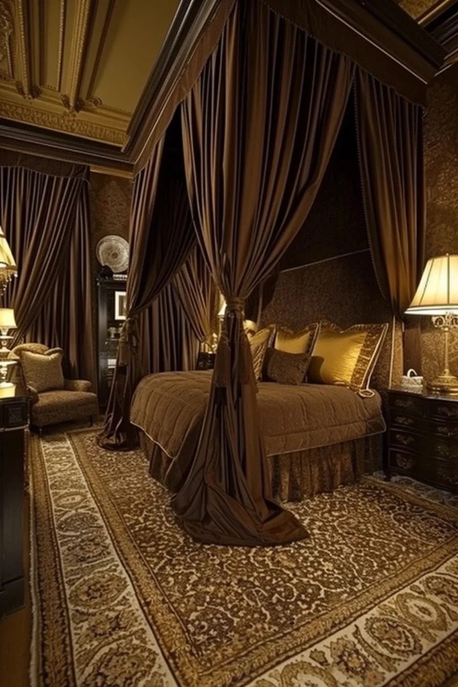 Brown Bedroom Elegance with Gold Accents and Luxurious Drapes