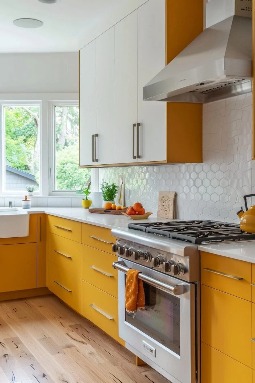 Mustard Yellow Base Cabinets with White Uppers