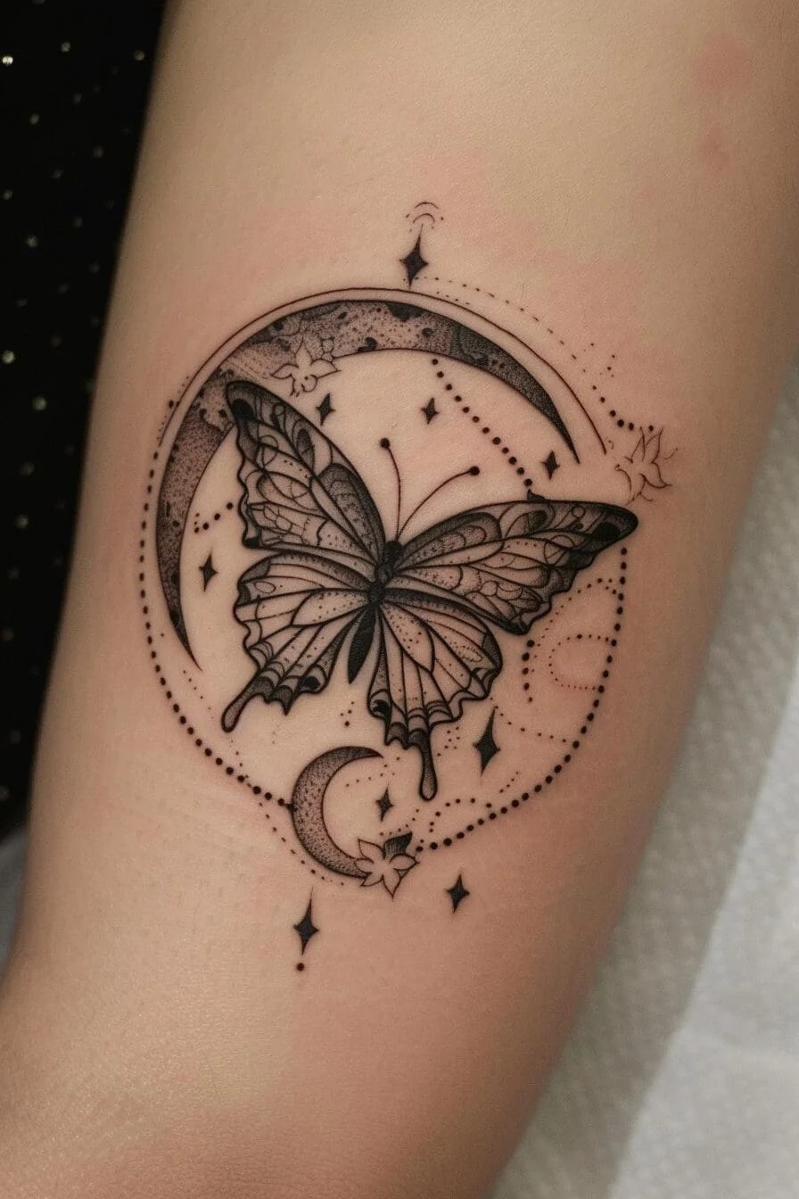 Butterfly with a Moon: Symbolizes intuition, dreams, and the connection to the subconscious