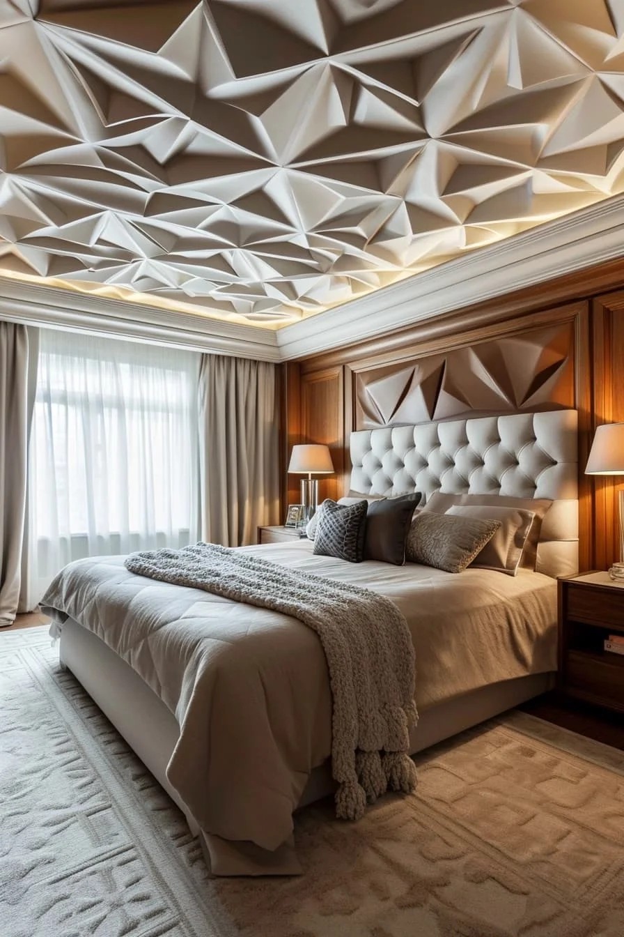 Contemporary Master Bedroom with Geometric Tray Ceiling Patterns