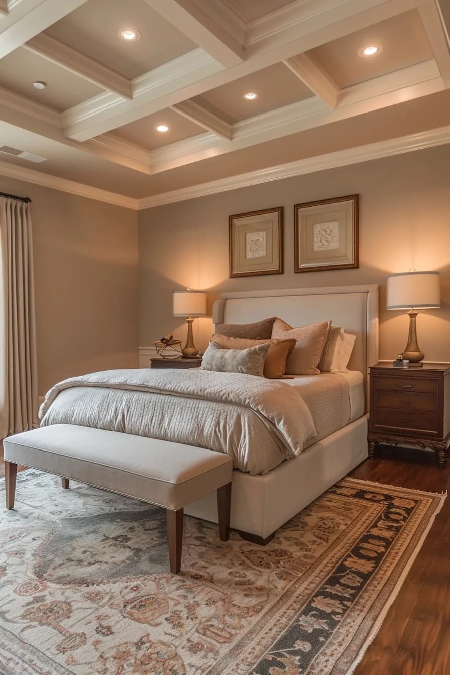 Cozy Master Bedroom with Warm Toned Tray Ceiling