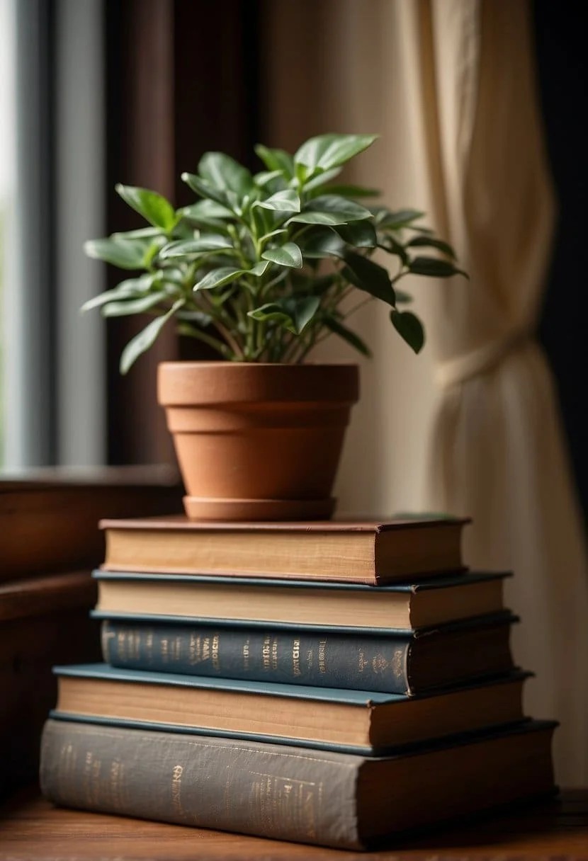 Stacked Books as A Rustic Bedside Table