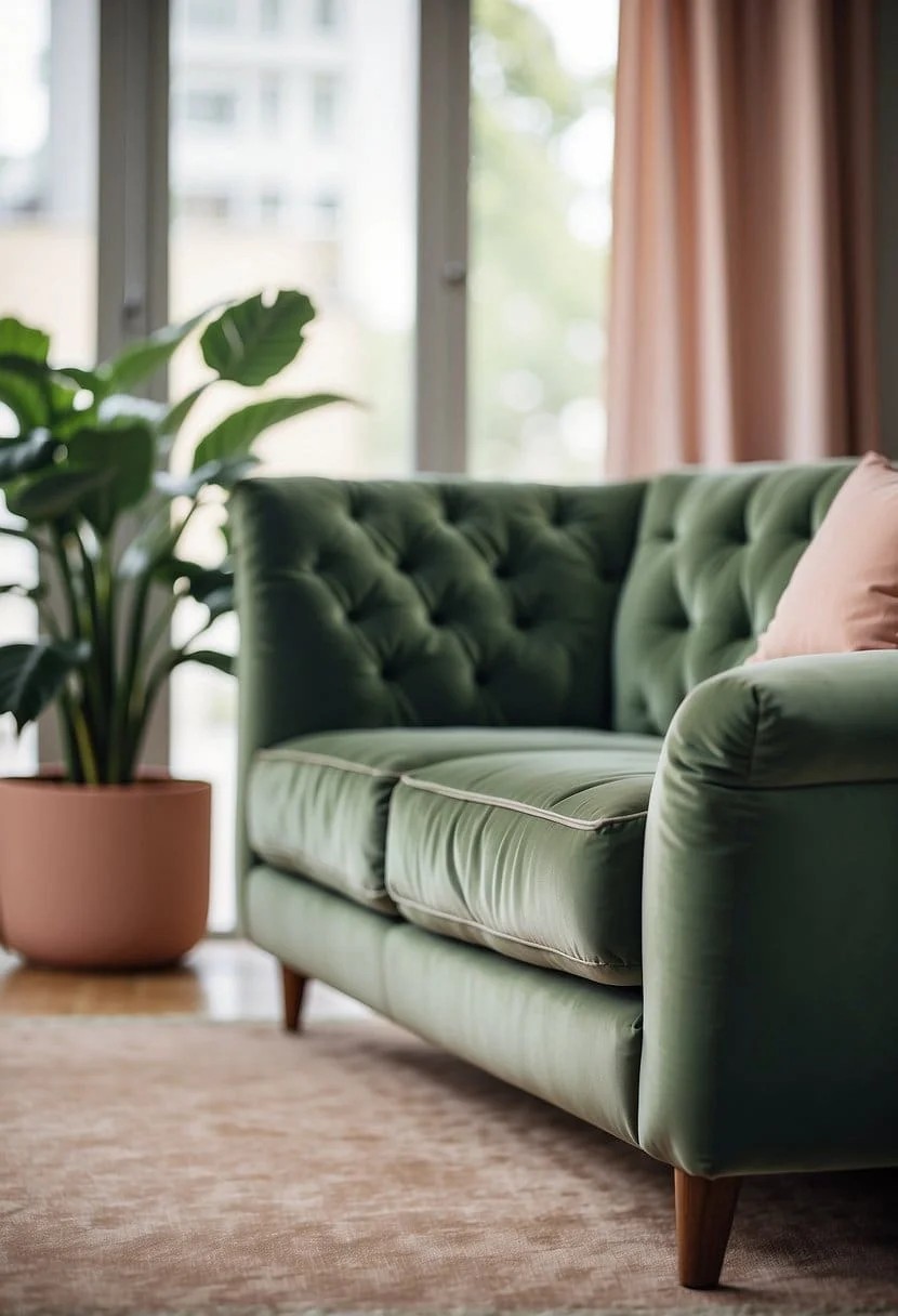 Sage Green and Dusty Rose Velvet Sofa