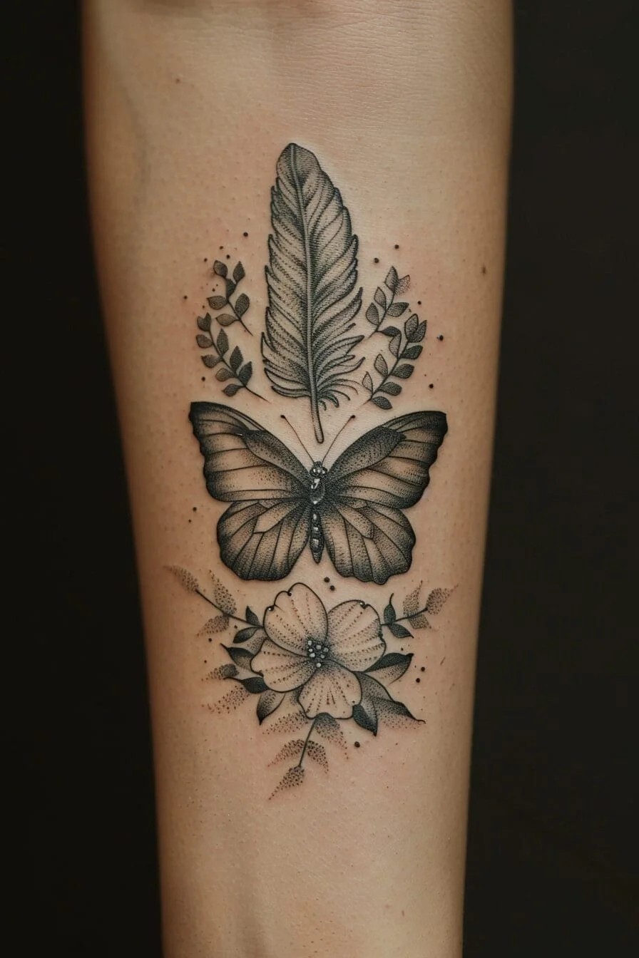 Butterfly with a Feather: Represents lightness, freedom, and the pursuit of one’s dreams