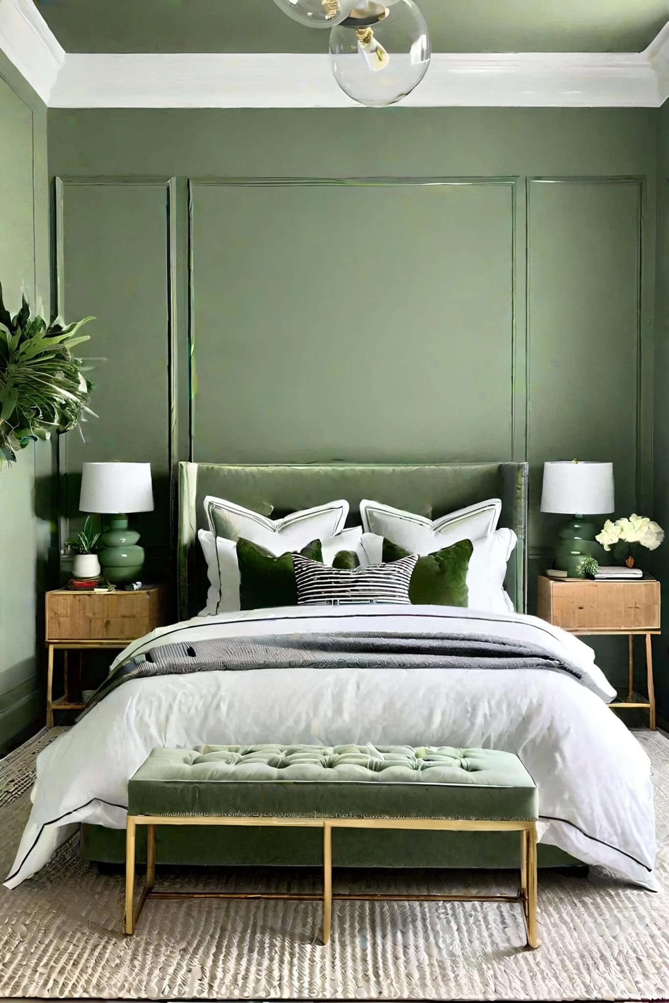 Bold Sage Green Bedroom With Accent Wall