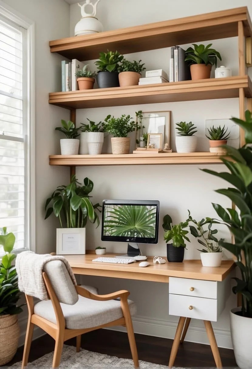 Feminine Home Office With A Touch Of Greenery