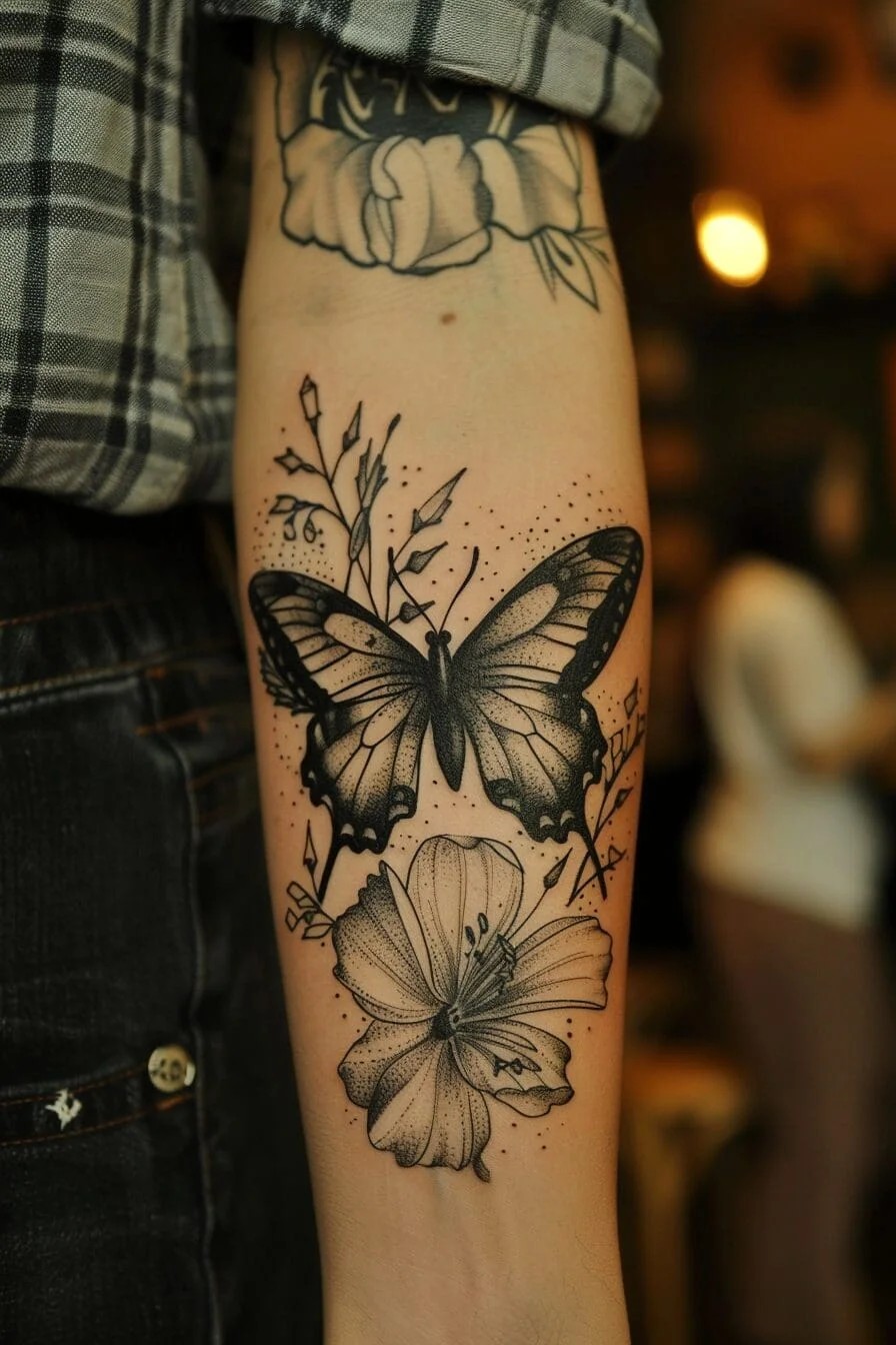 Butterfly with a Flower: Combines the meanings of flowers and butterflies, signifying love, life, and beauty