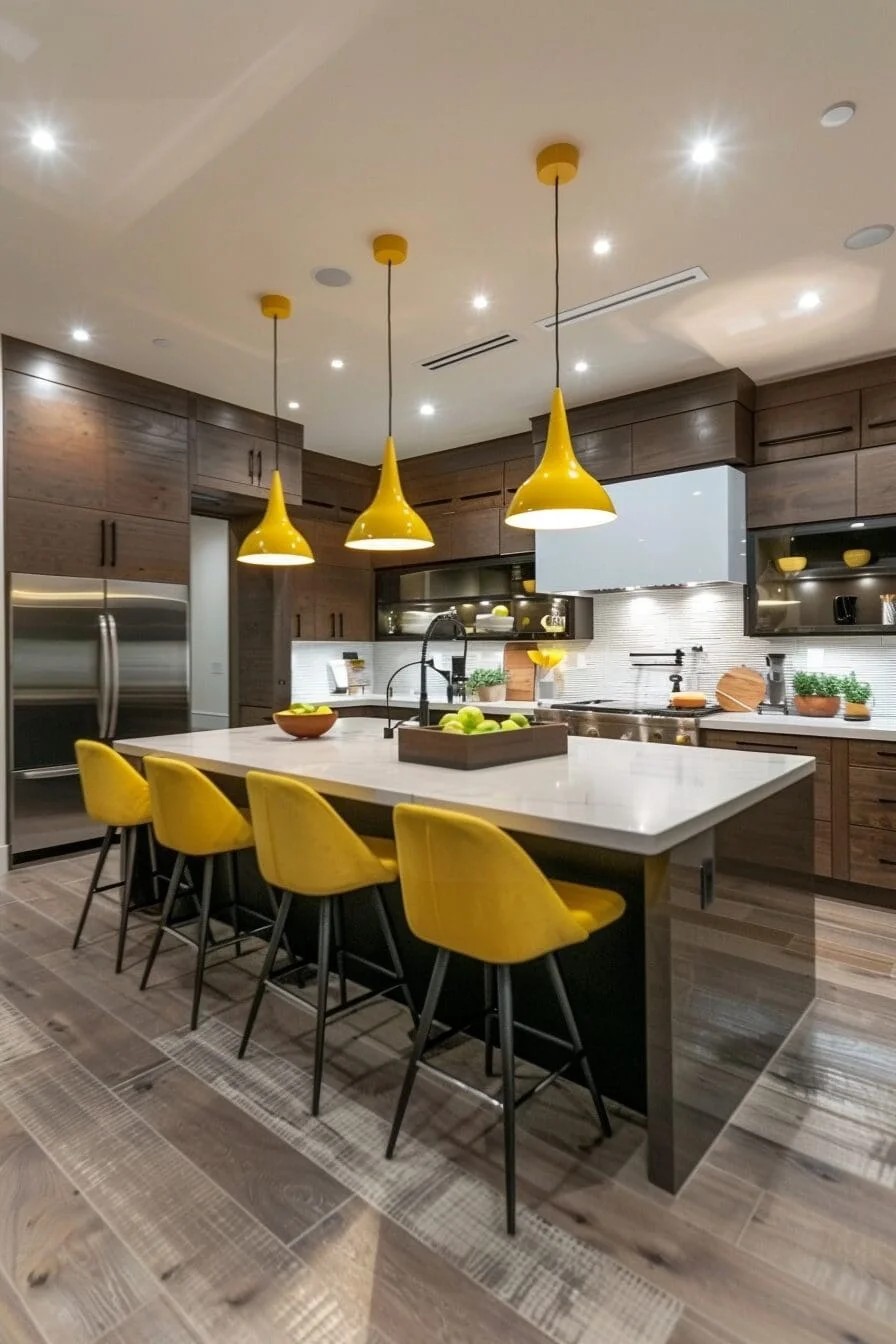 Yellow Pendant Lights over a Kitchen Island