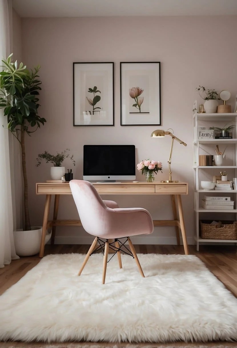 Cozy Feminine Home Office With Plush Textures