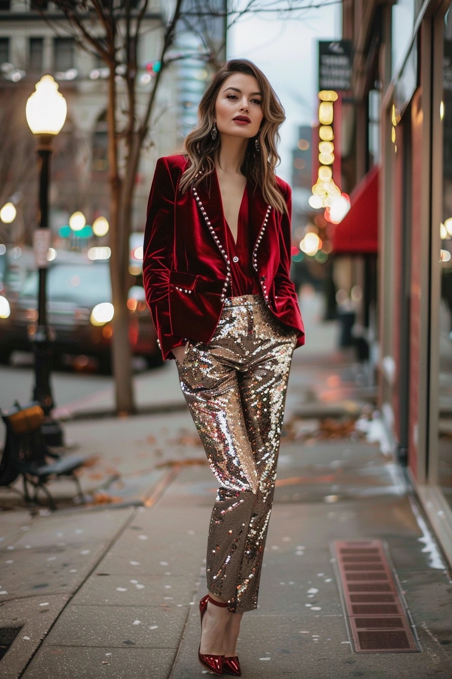 Velvet Blazer + Sequin Pants + Pumps