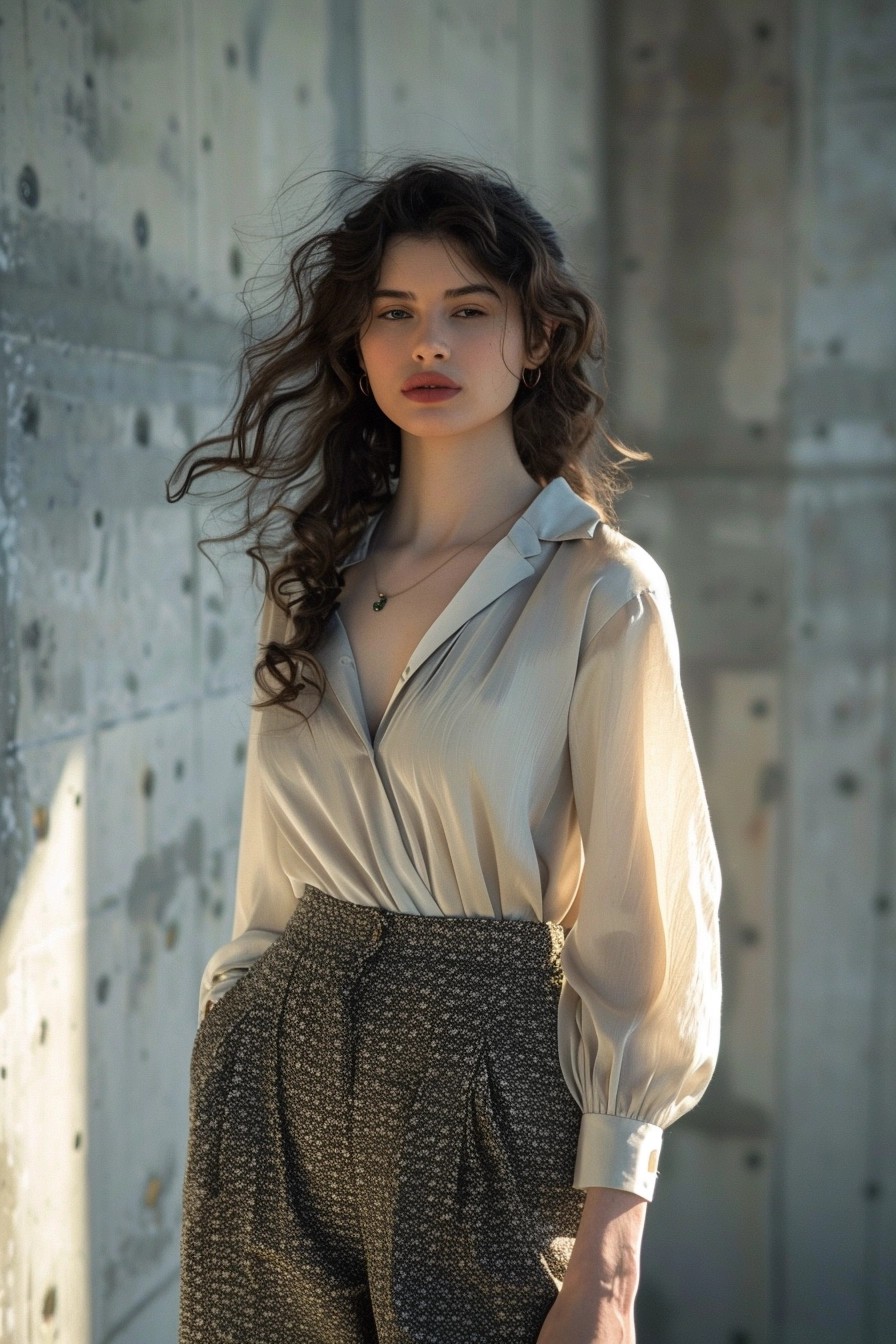 High-Waisted Trousers and Silk Blouse