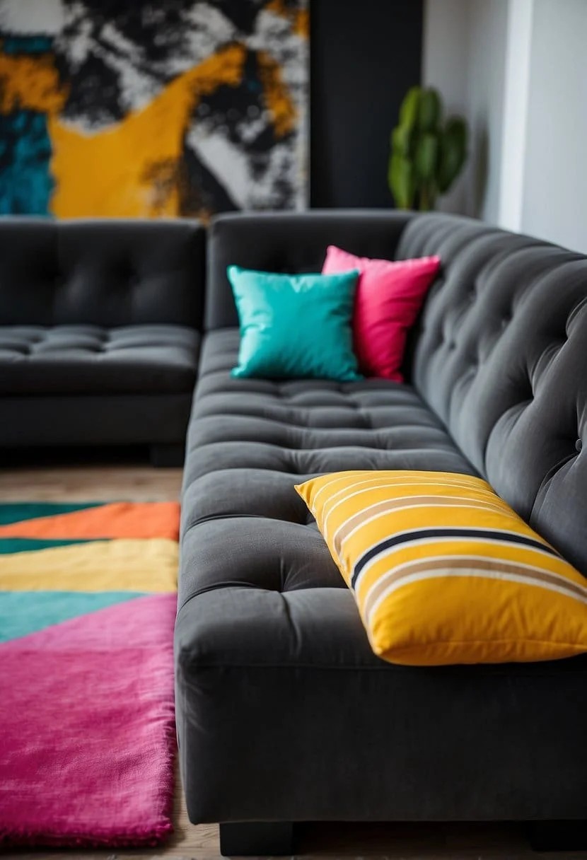 Charcoal Sofa with Vibrant Pop Art Accessories