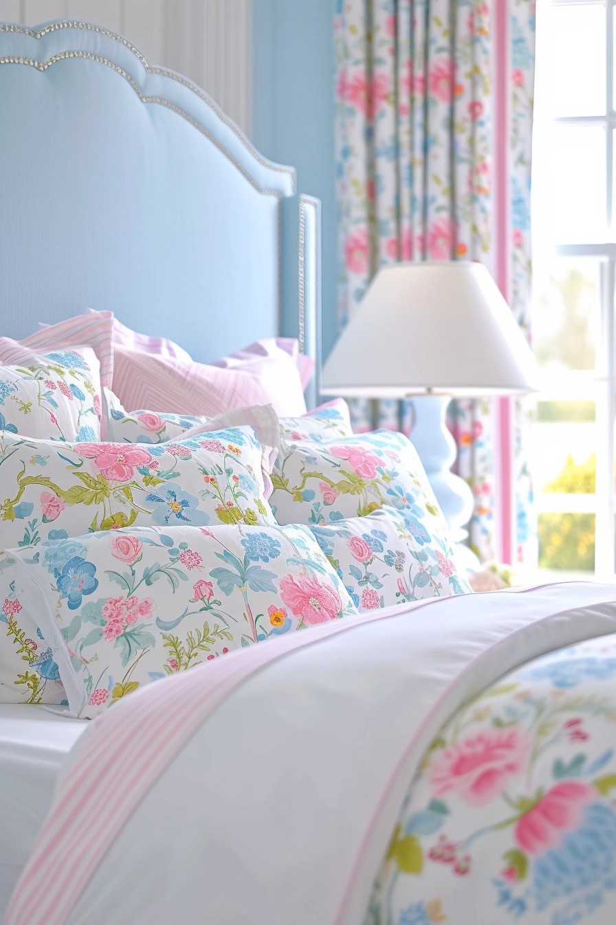 Mix Patterns in Your Blue and Pink Bedroom