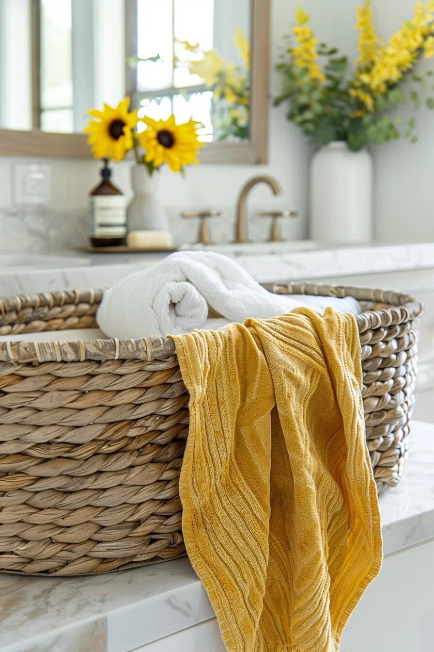 Woven Basket with Yellow Linens