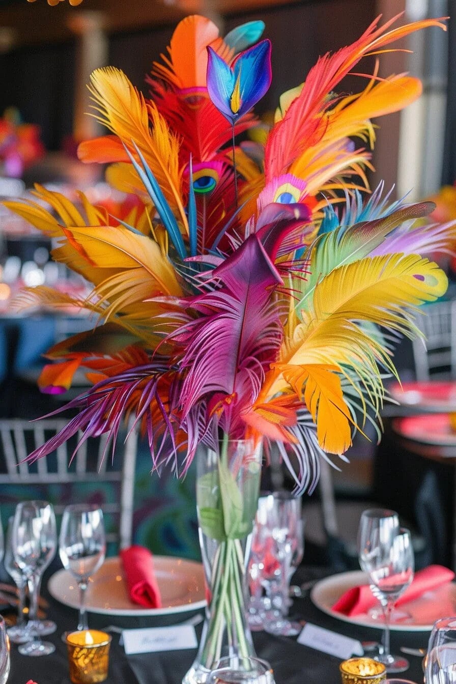 Centerpiece with Colorful Bird Feathers