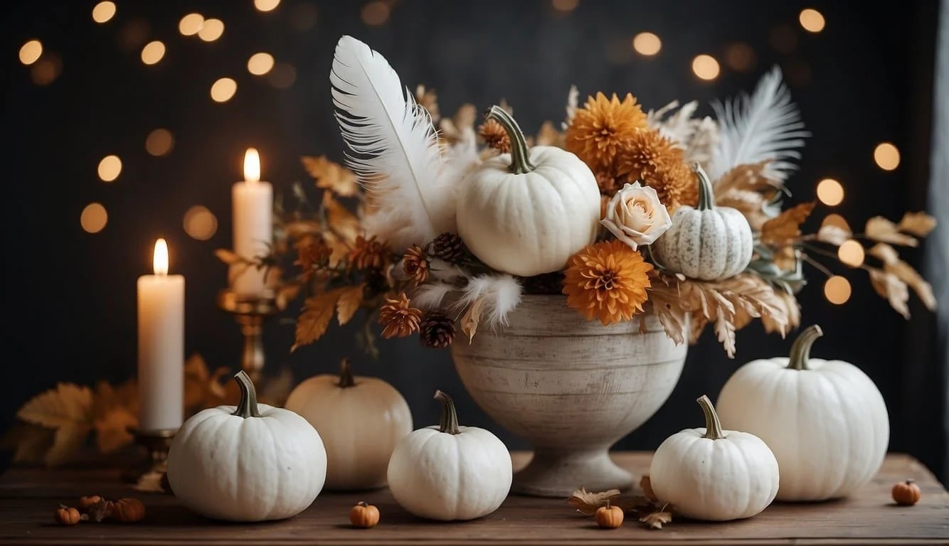 Chic White Pumpkin and Feather Arrangement