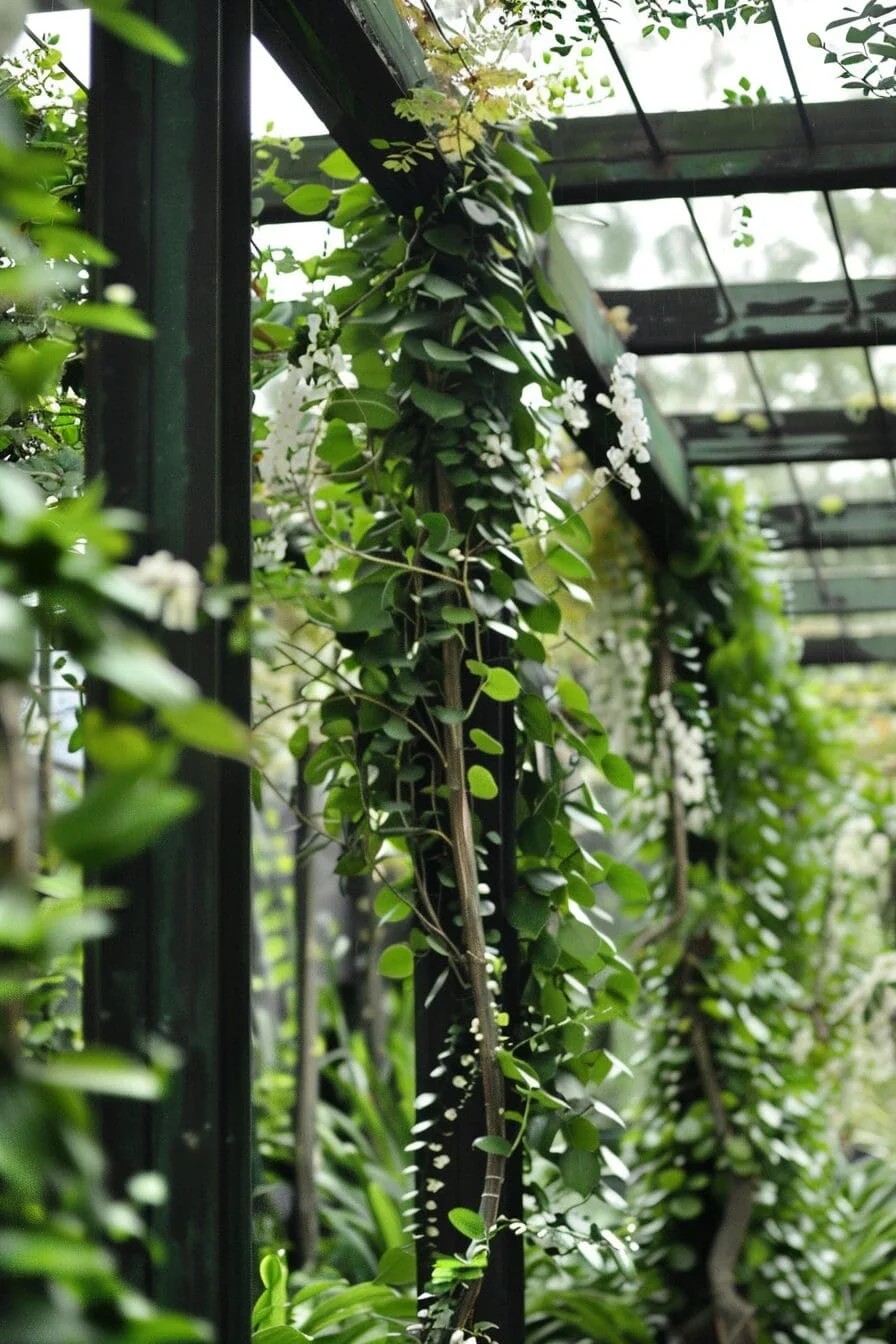 Train vining plants like ivy or jasmine to climb a trellis or wire frame for a romantic, cascading effect.