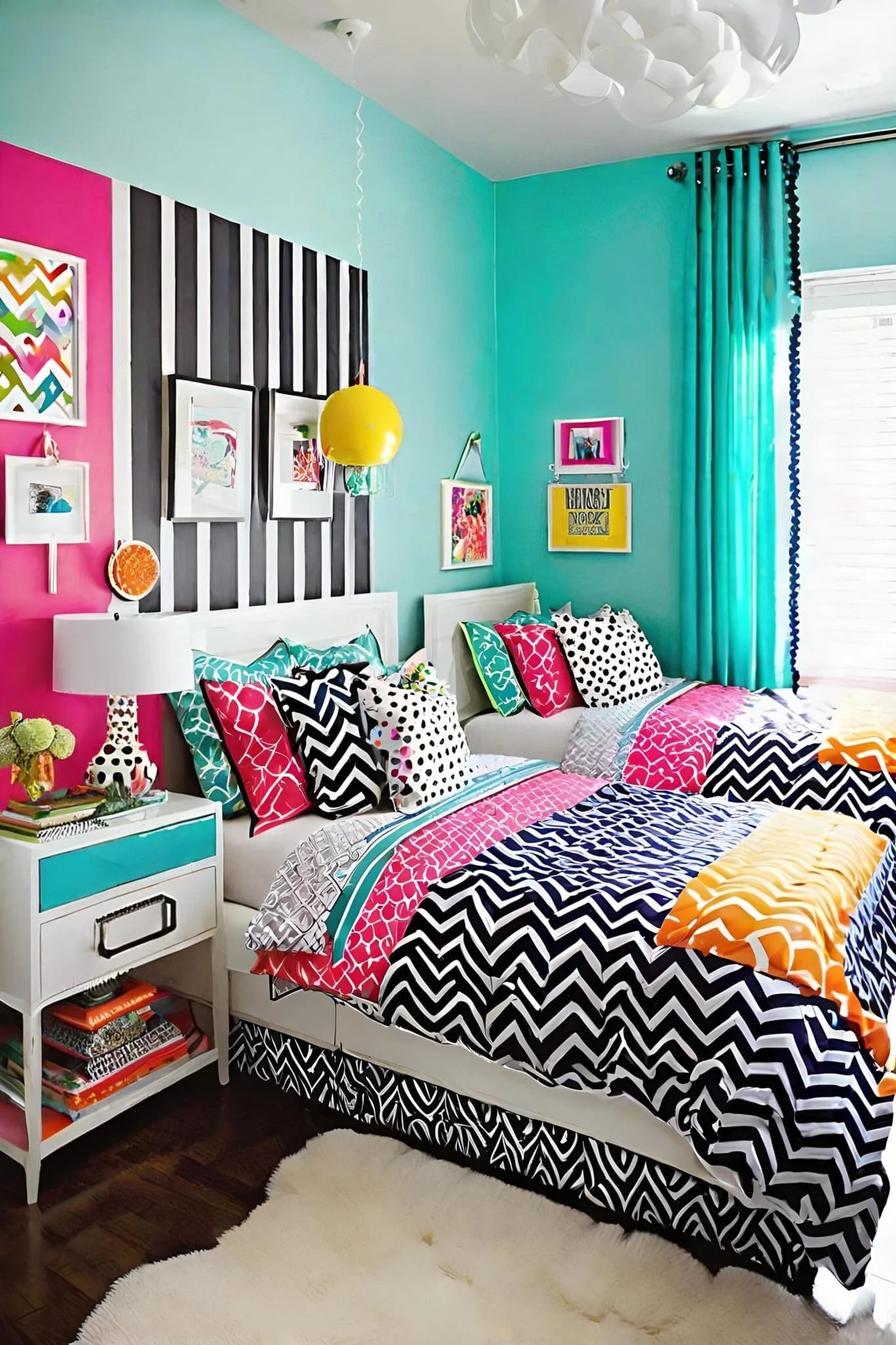 Vibrant Small Shared Bedroom With Bold Prints And Pop Art Elements