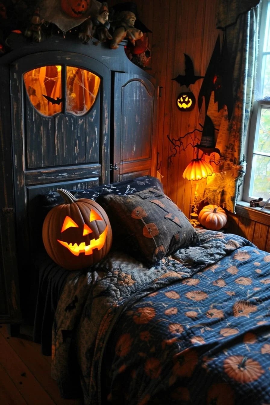 A Halloween Bedroom with a Carved Pumpkin Theme