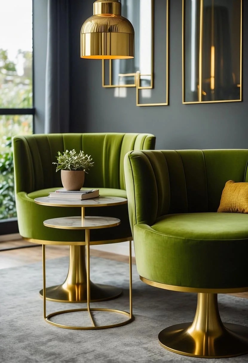 Apple Green Accent Chairs and Gold Side Lamps