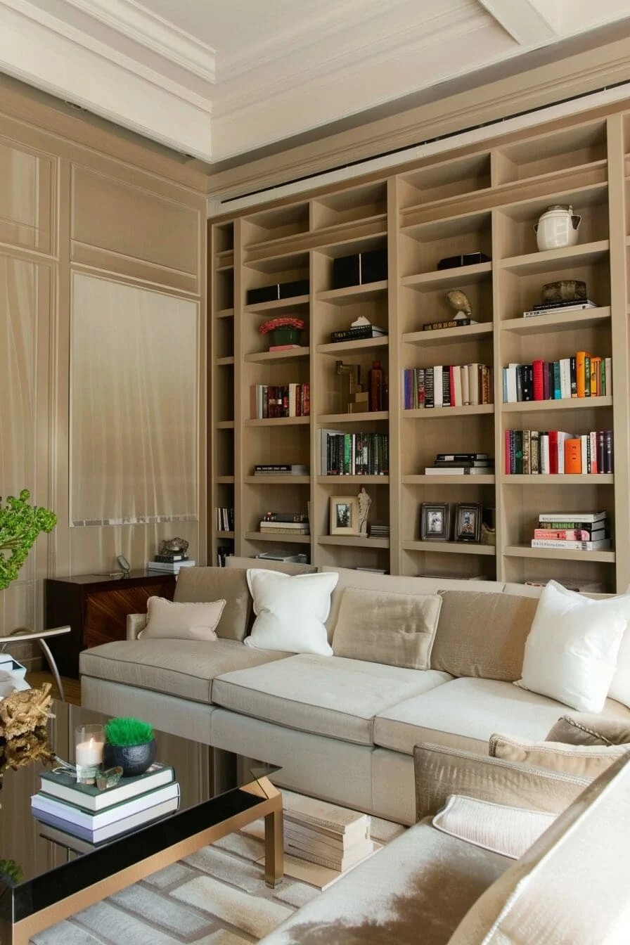 Beige Built-in Bookshelves