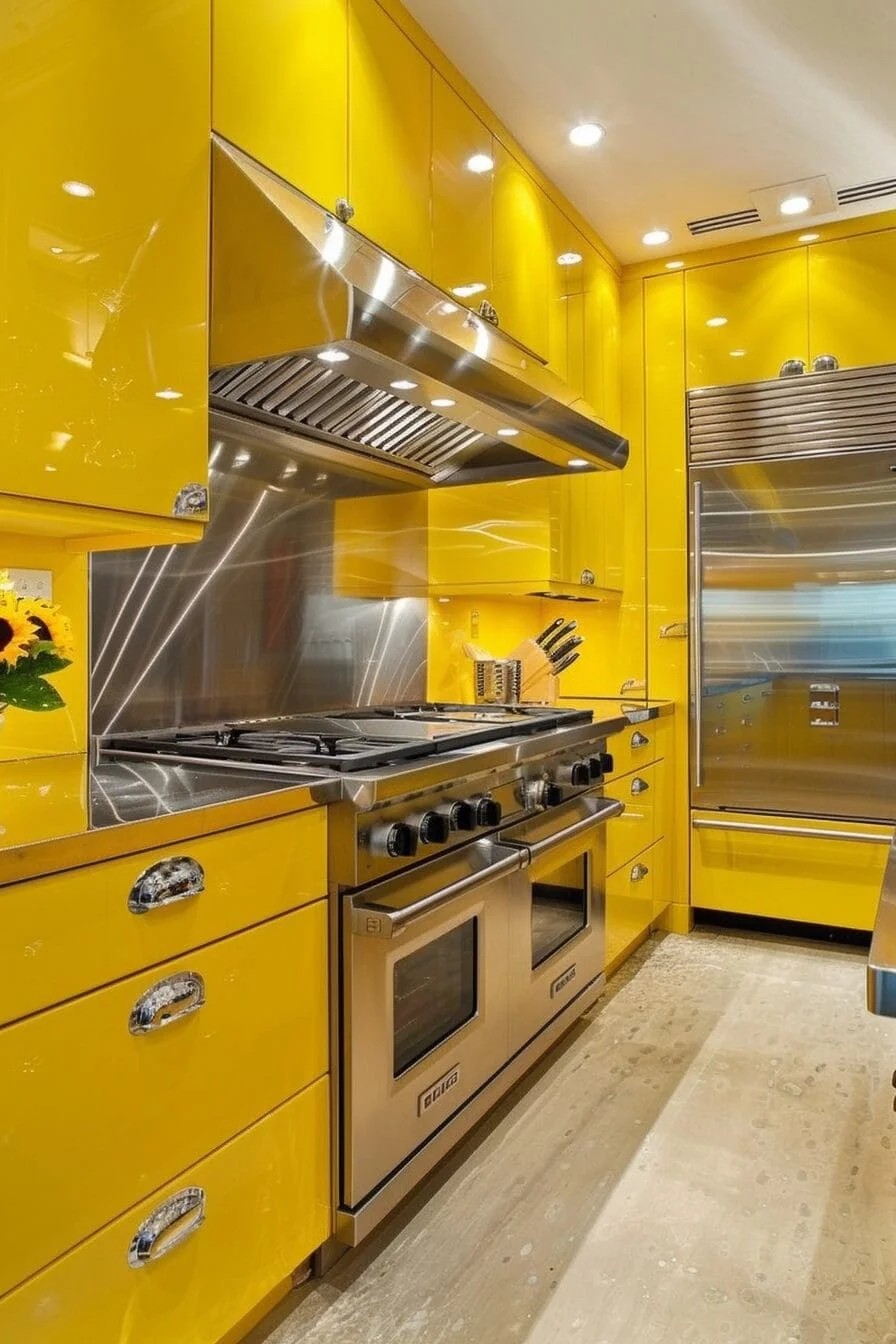 Yellow Kitchen with Stainless Steel Appliances