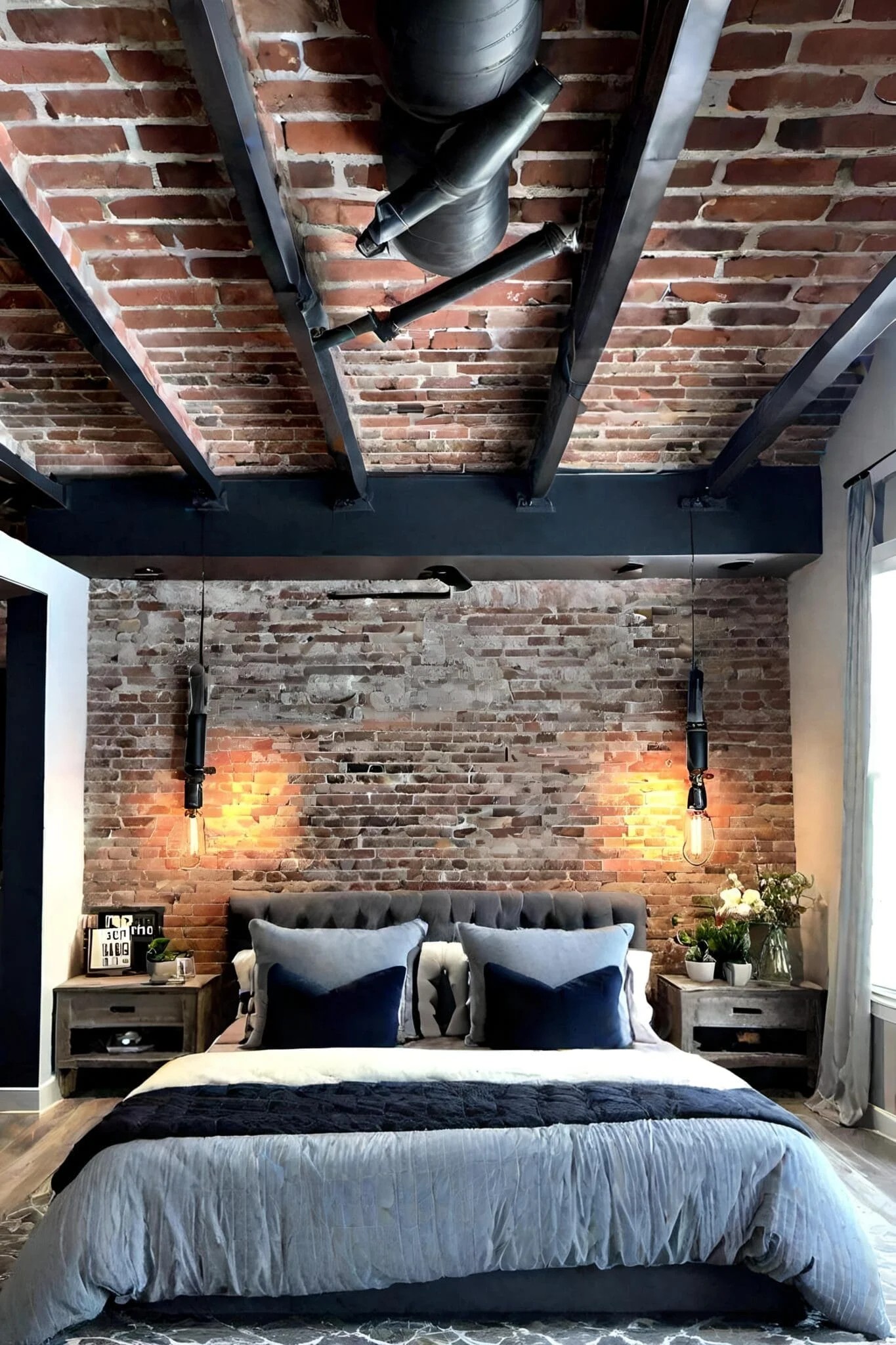 Industrial Style Master Bedroom with Exposed Brick Tray Ceiling