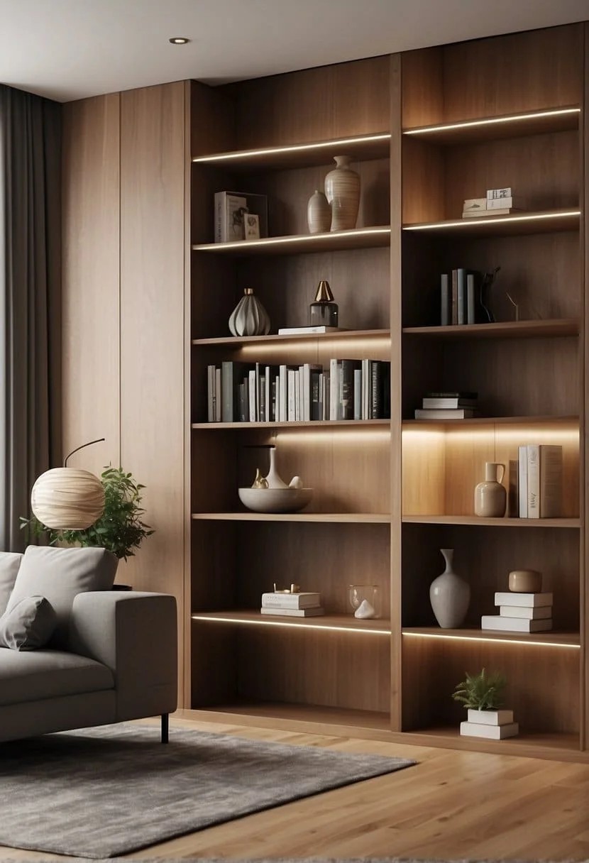 Wood Trim Accent Wall With Integrated Shelving