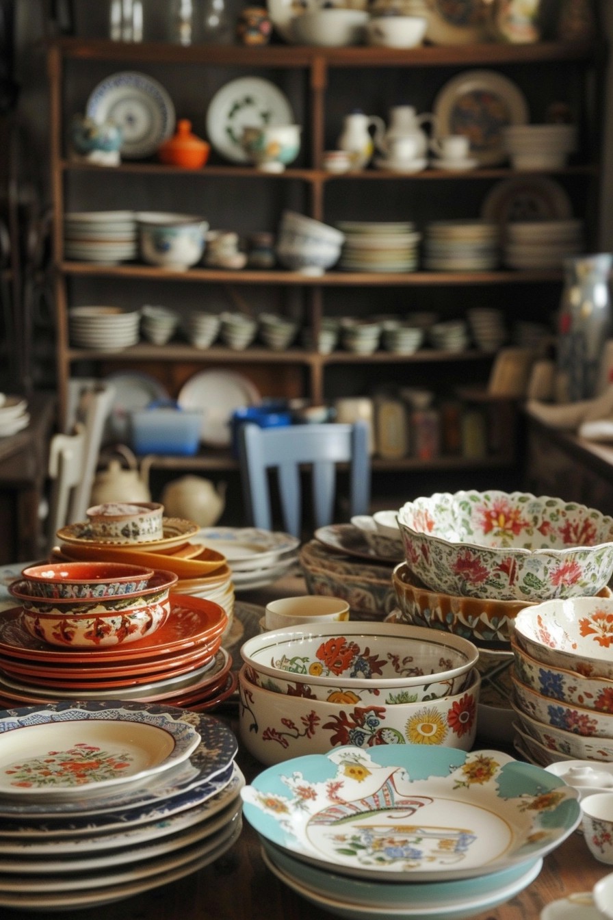 Eclectic Mismatched Dishes on Display