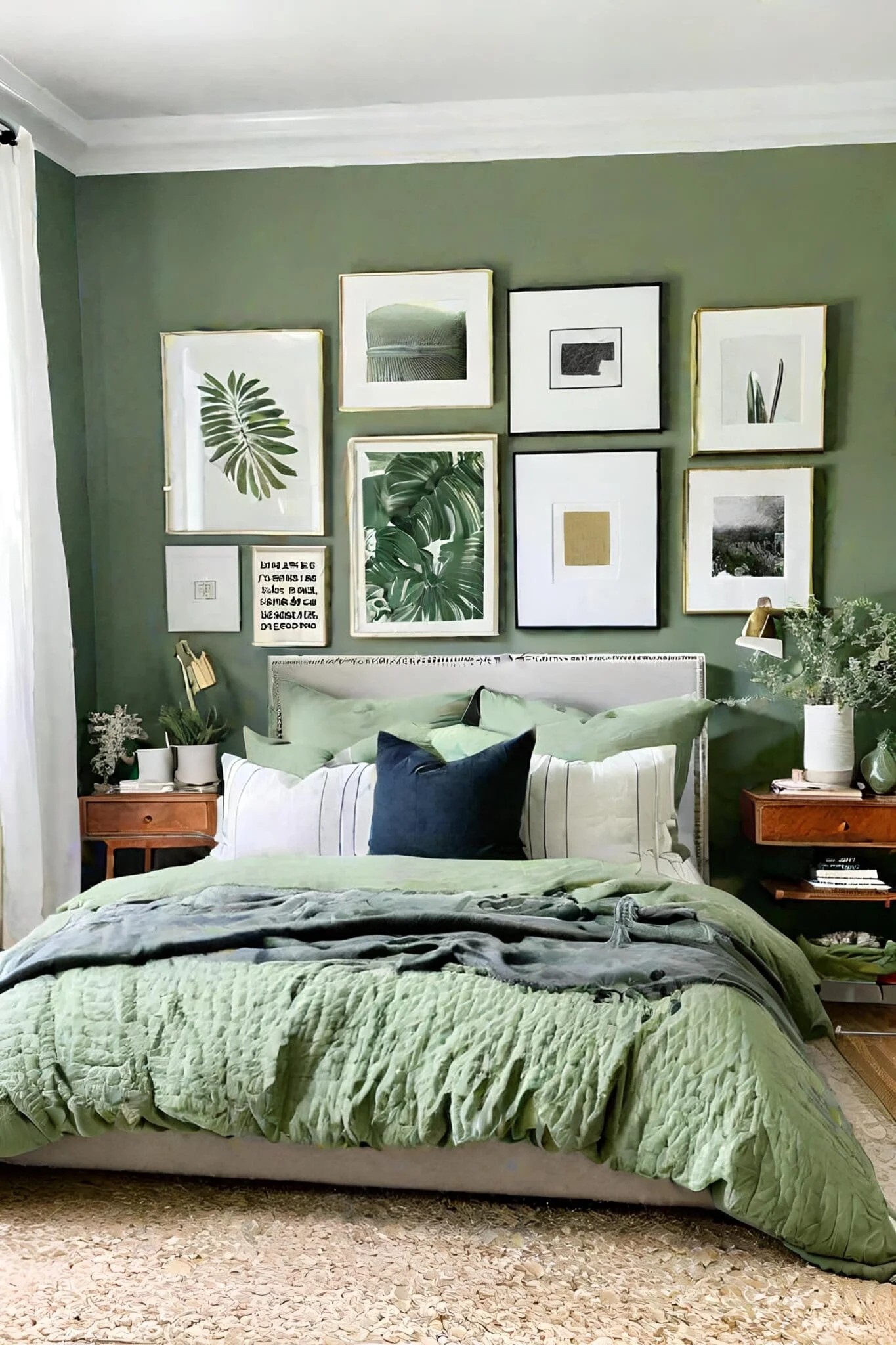 Artsy Sage Green Bedroom With Gallery Wall