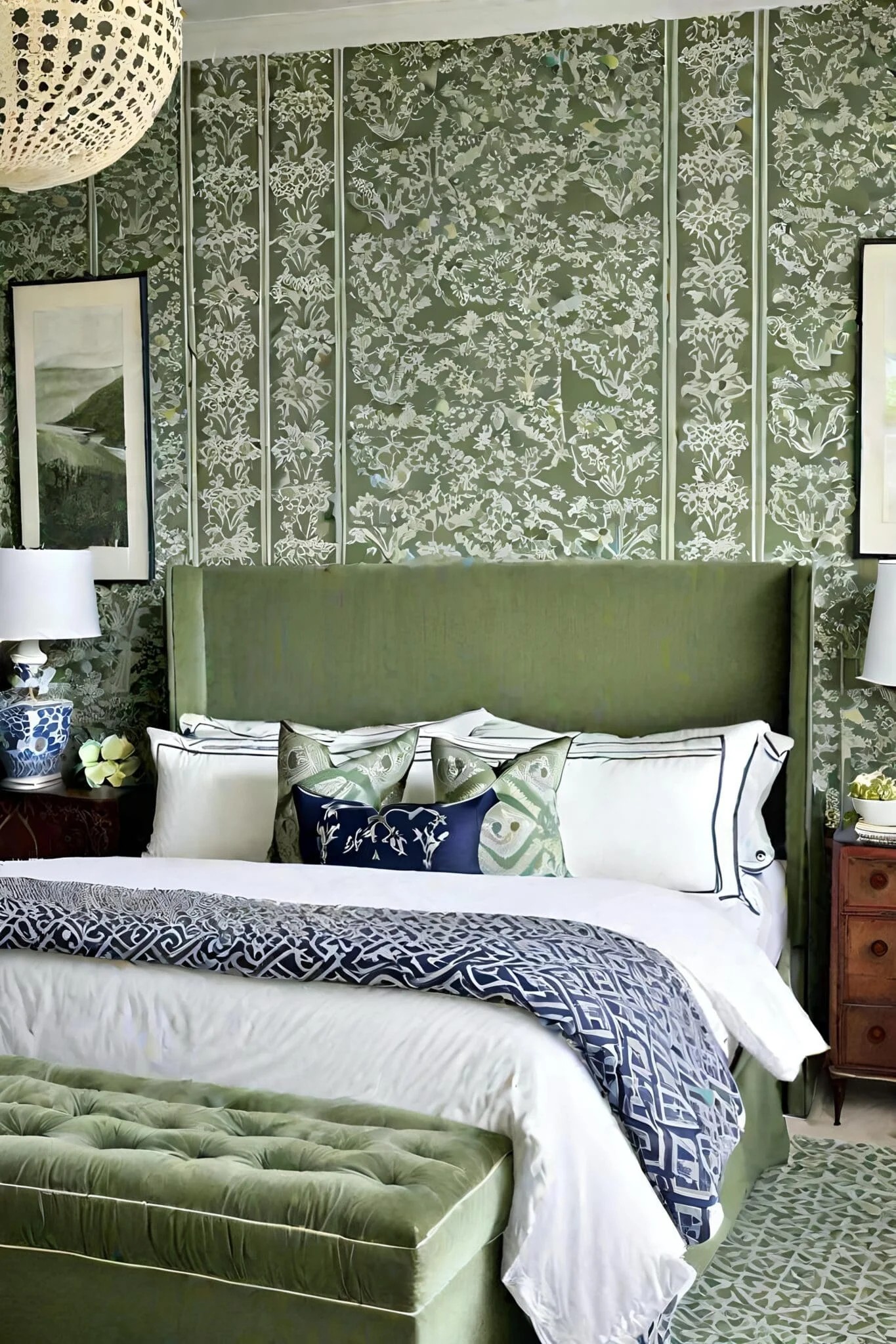 Traditional Sage Green Bedroom With Classic Patterns