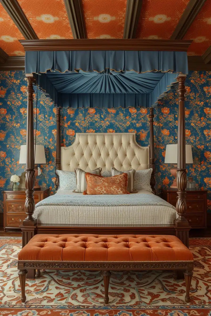 Elegant Blue and Orange Bedroom