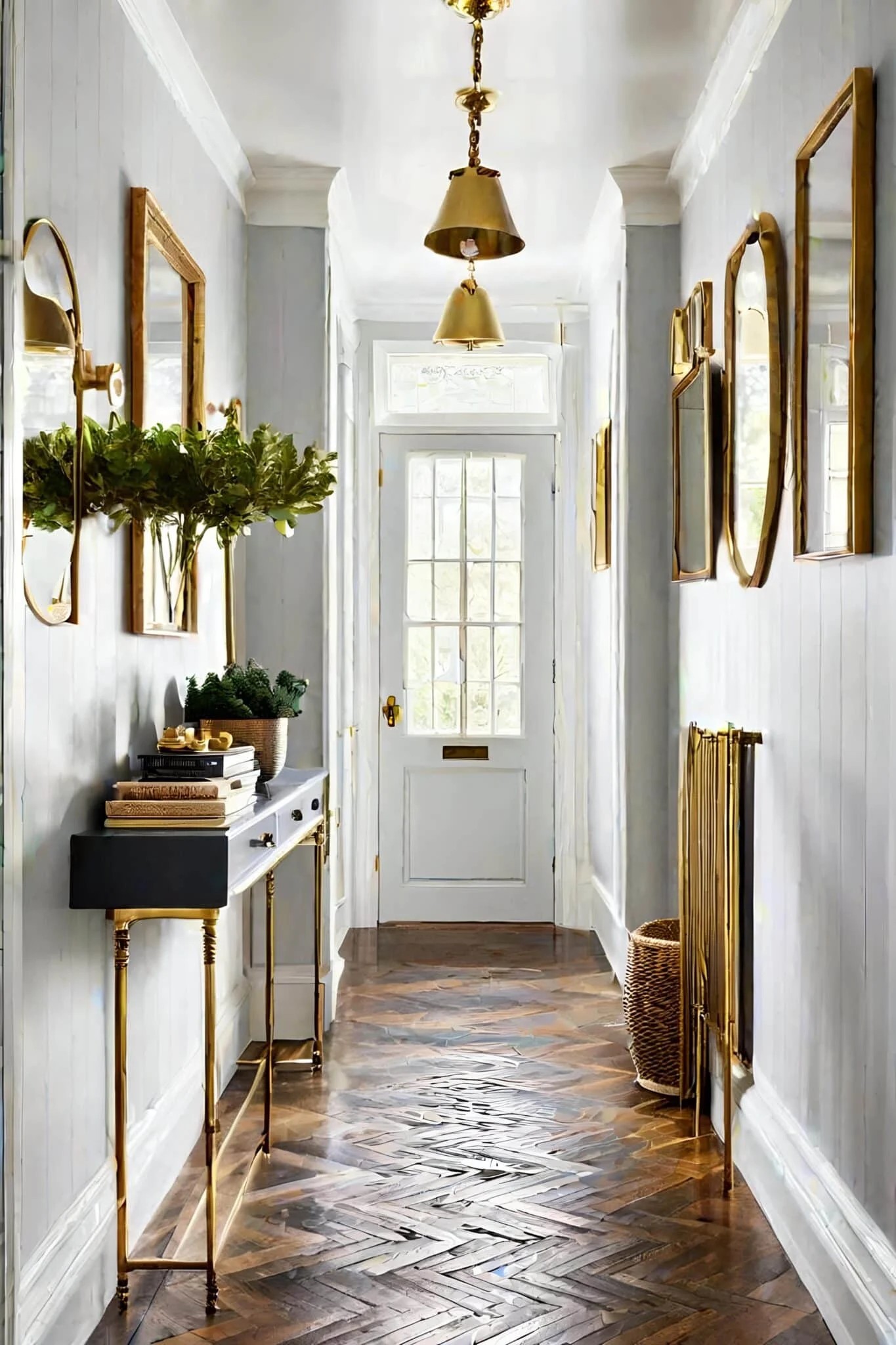 Classic Small Hallway With Herringbone Floor And Brass Fixtures