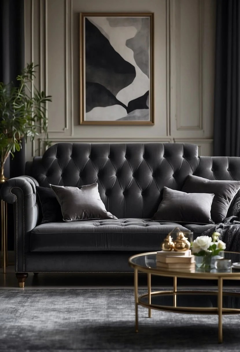 Luxe Look: Charcoal Sofa with Silk and Satin Accents