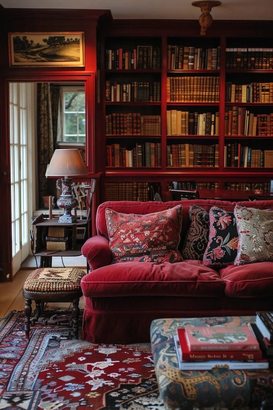 Deep Red Painted Bookshelves