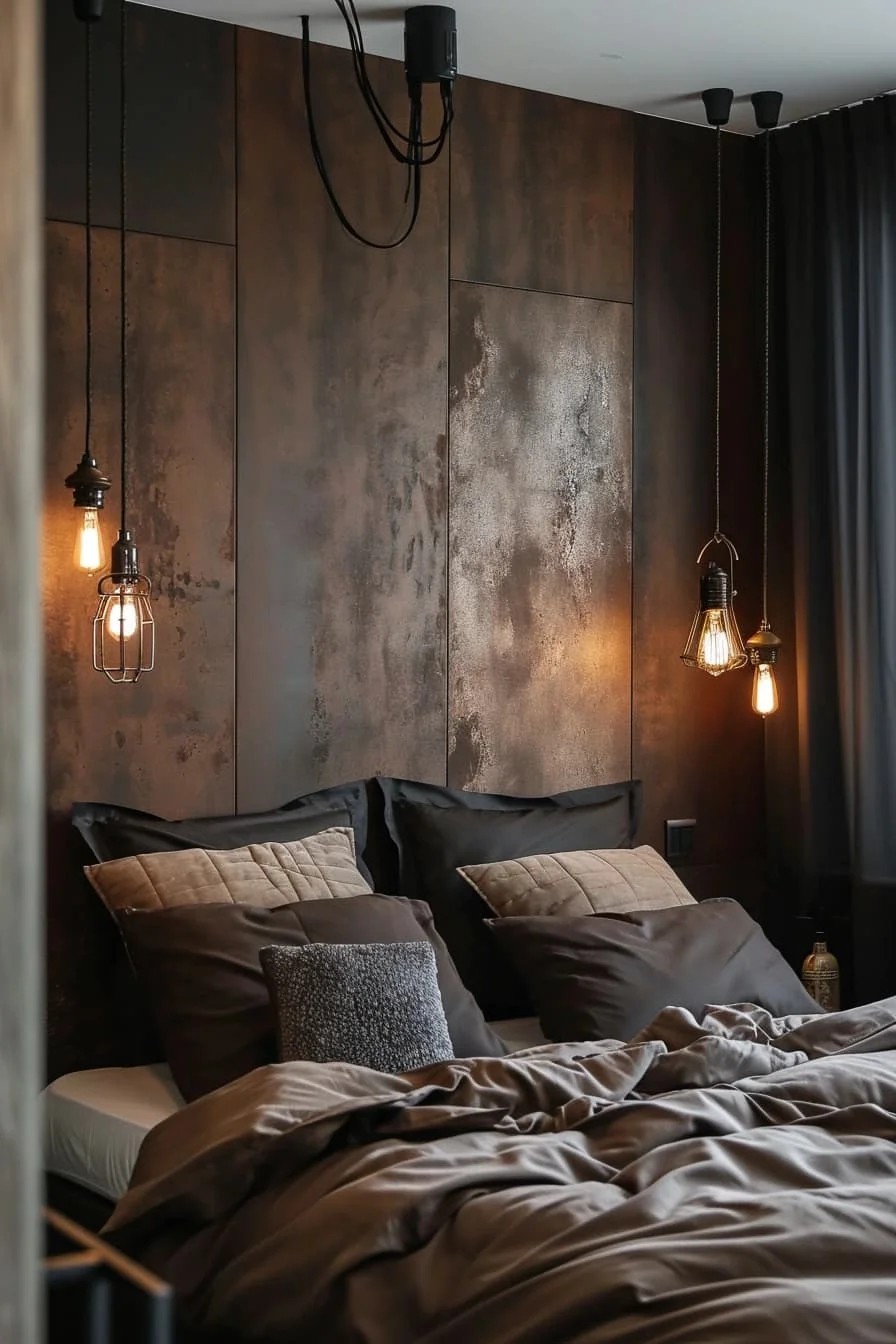 Brown Bedroom with Industrial Elements and Edison Bulbs