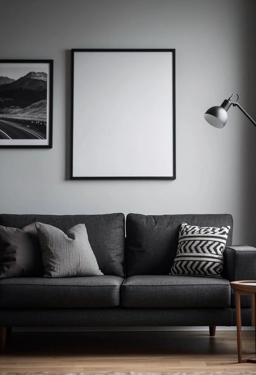 Charcoal Sofa with Monochrome Accent Pillows