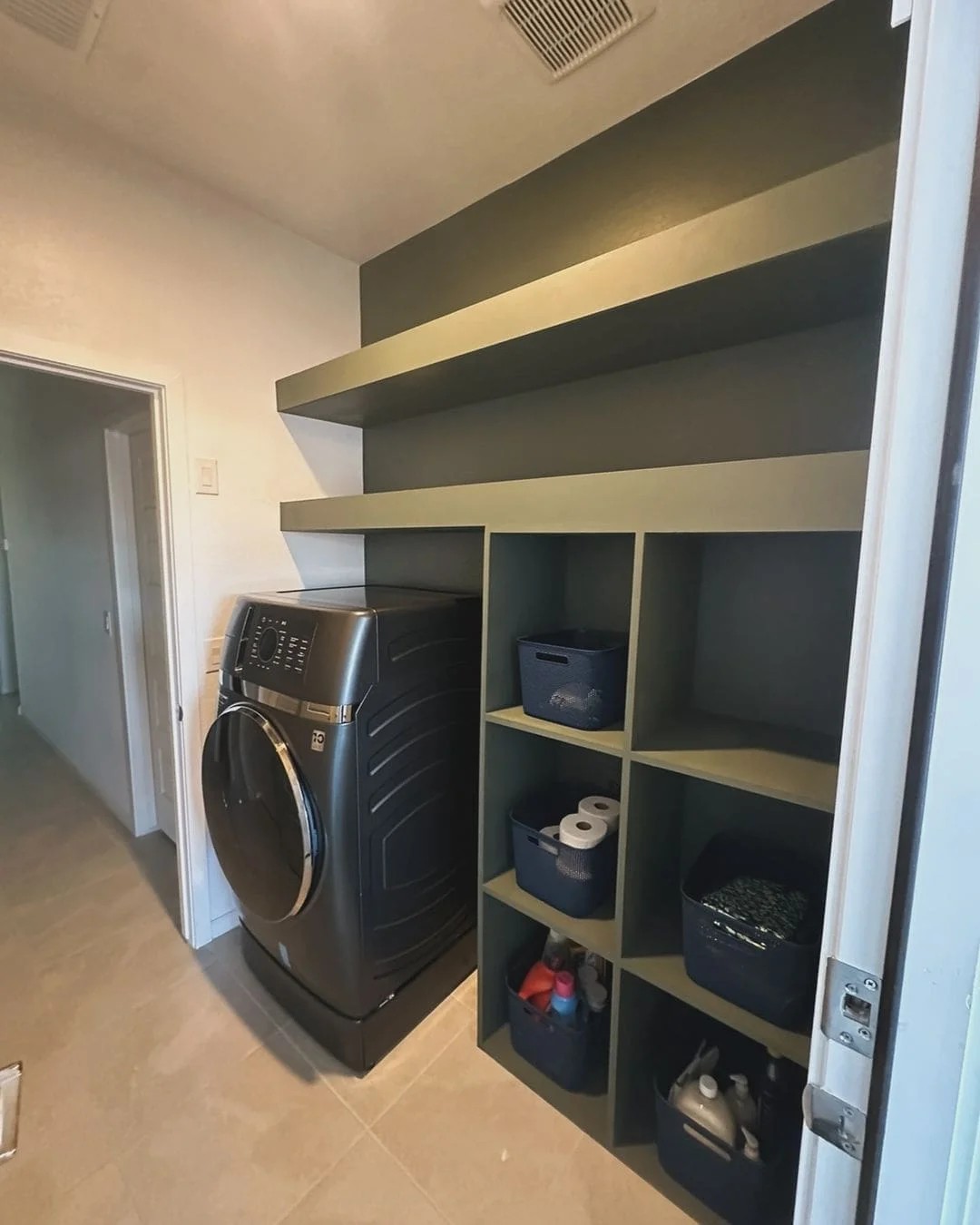 Use Vertical Space with High Shelves in Small Laundry Rooms