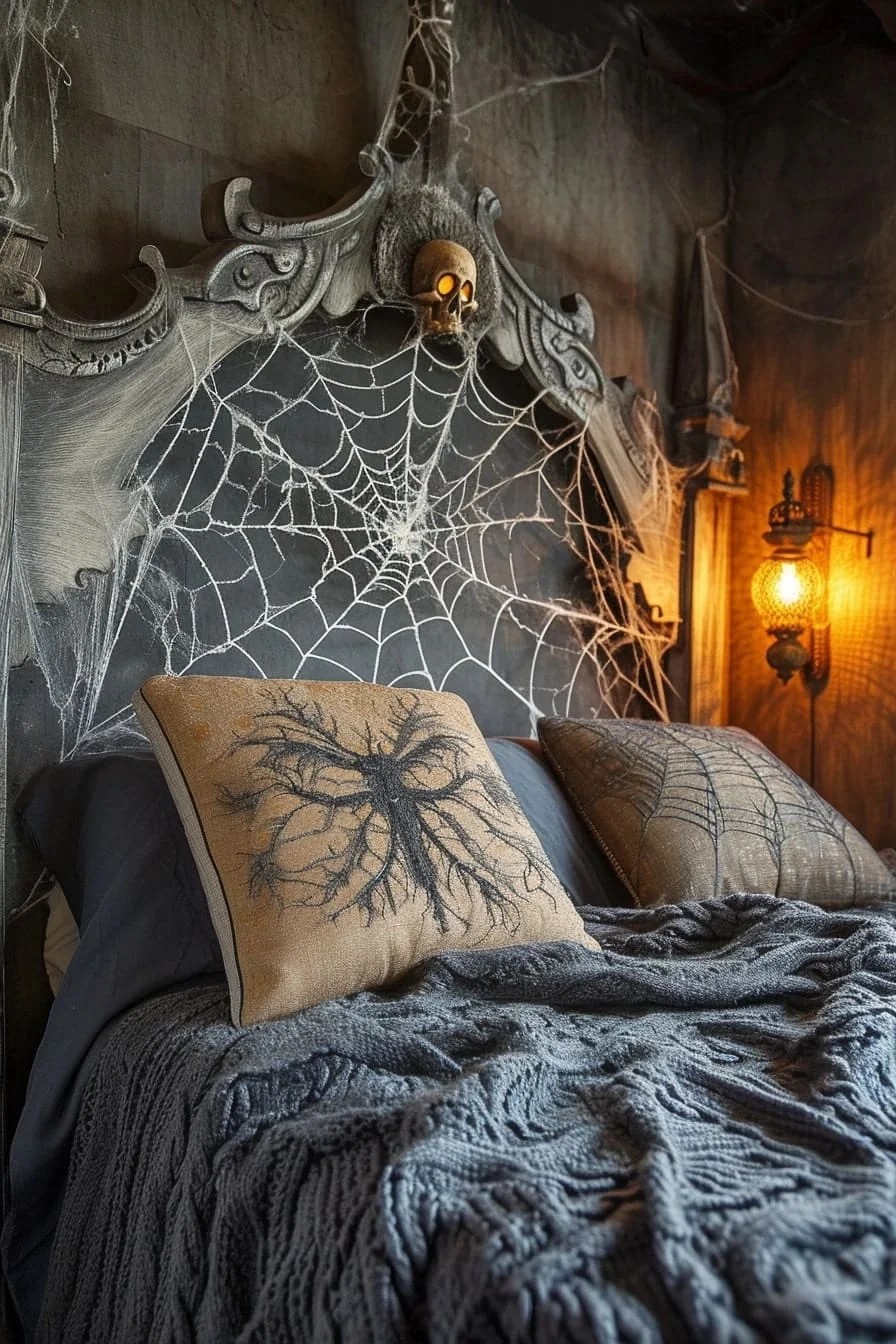 A Halloween Bedroom with a Cobweb Headboard