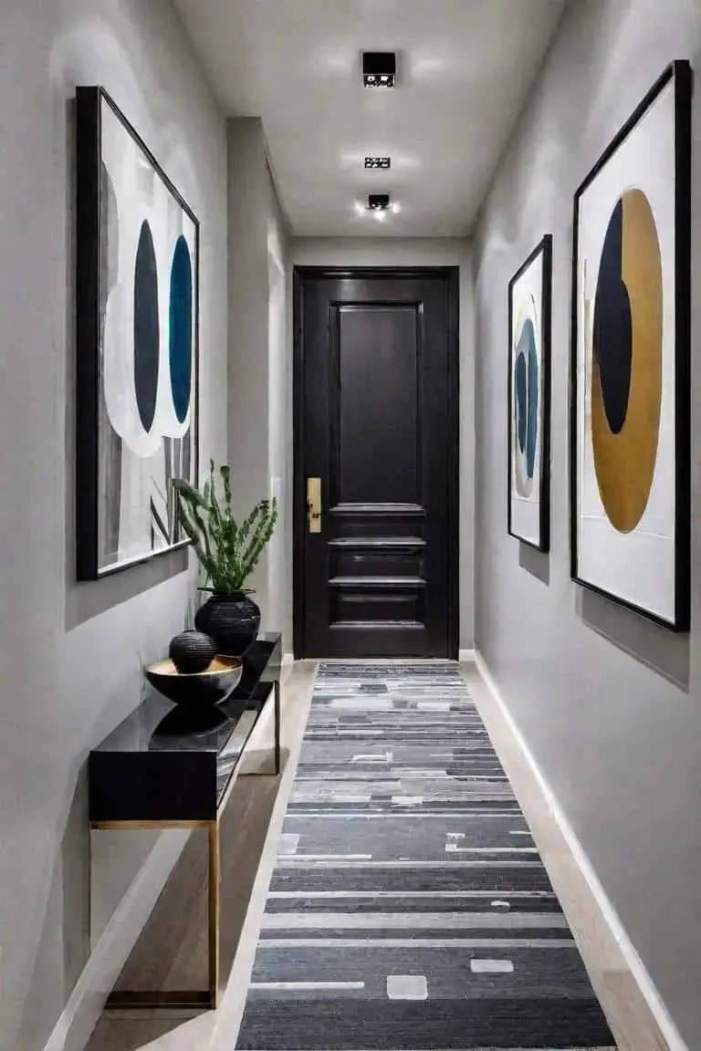 Contemporary Small Hallway With Abstract Art And Sleek Surfaces