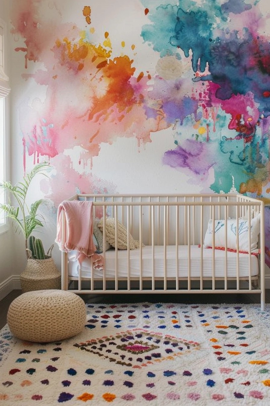 Abstract Watercolor Splashes on A Nursery Accent Wall