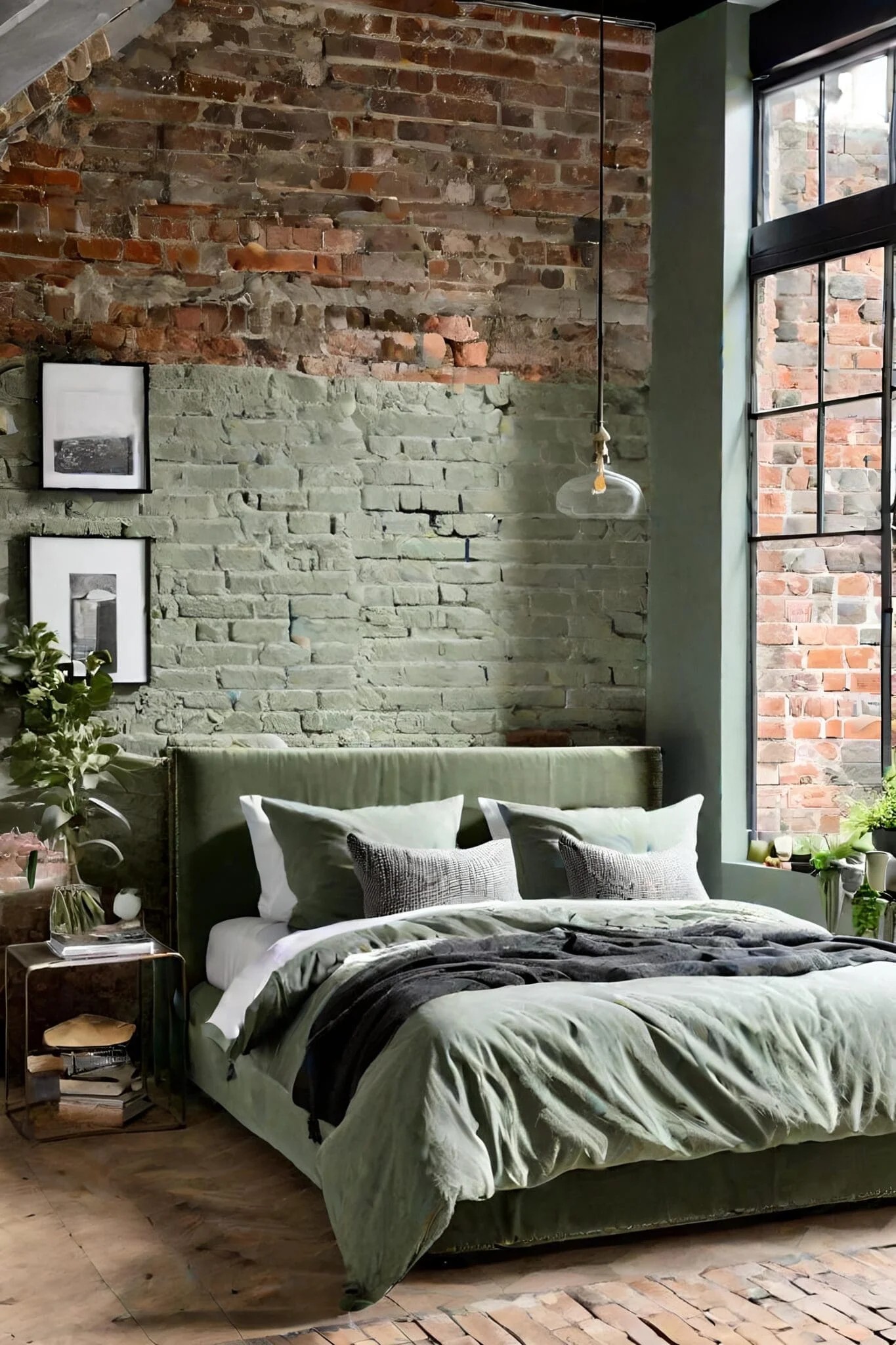 Industrial Sage Green Bedroom With Exposed Brick