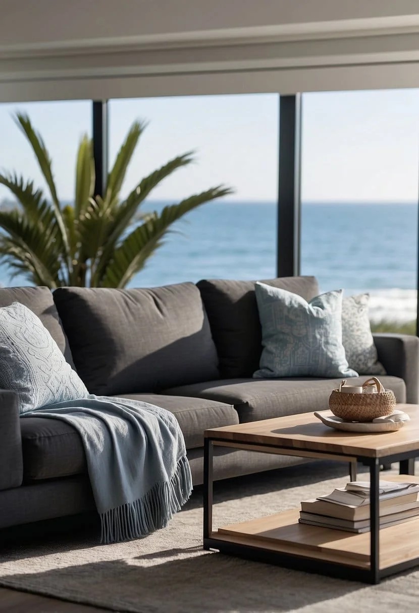 Coastal Vibes: Charcoal Sofa with Light Blue Accents