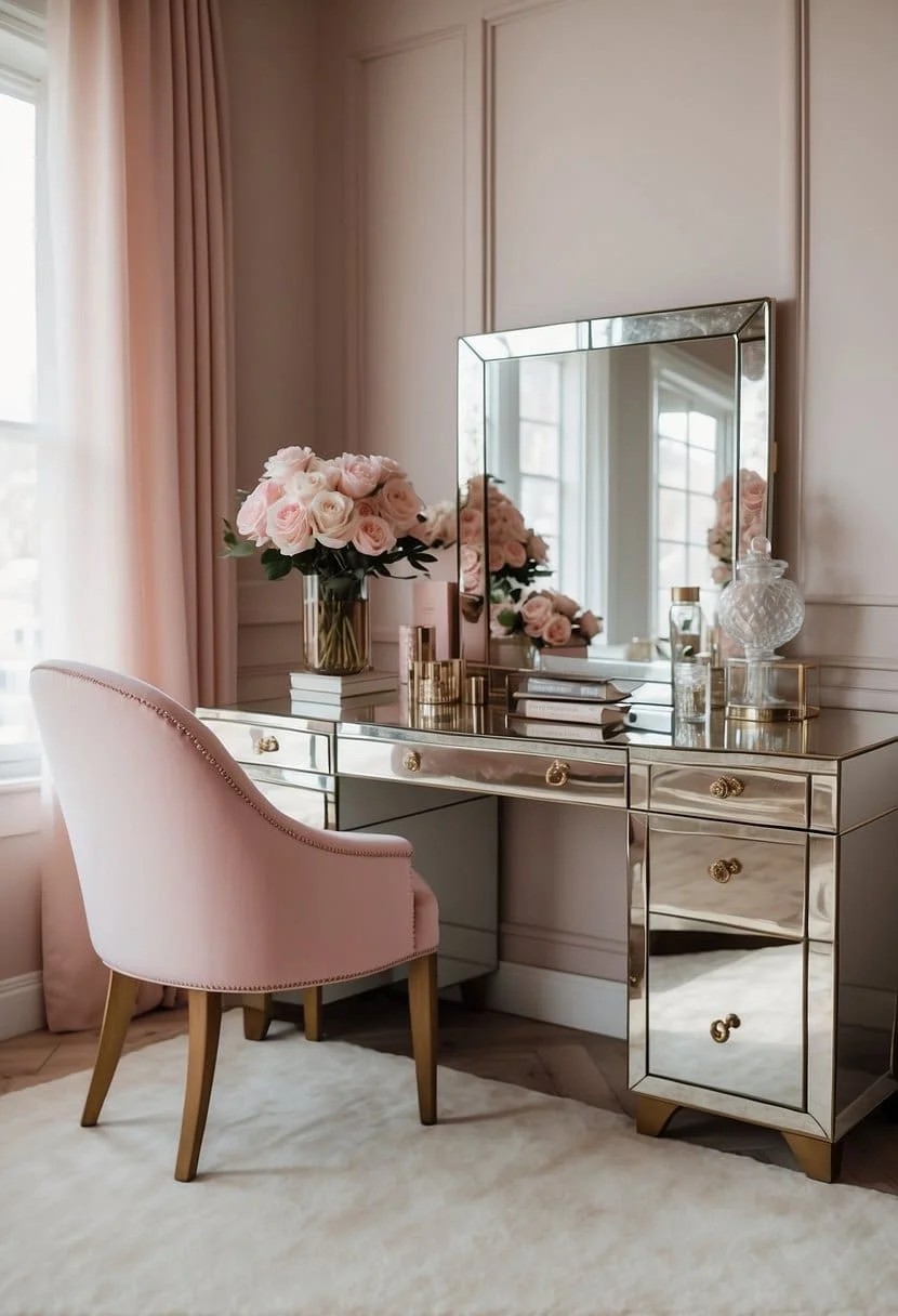 Glamorous Feminine Home Office With Mirrored Furniture