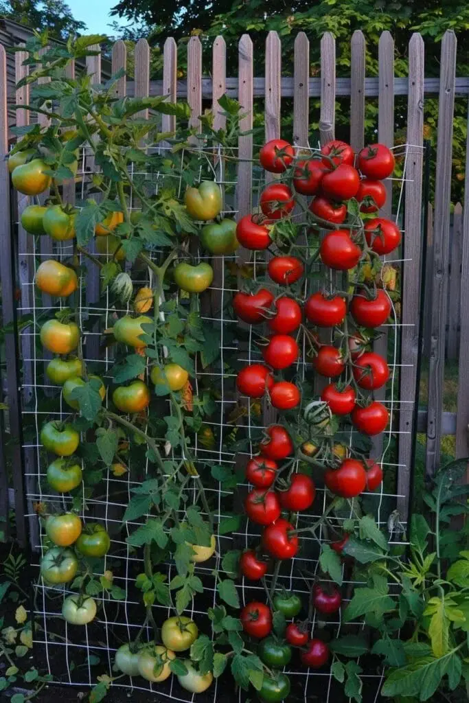 Train tomato plants to grow up a trellis or cage for a space-saving vertical garden.