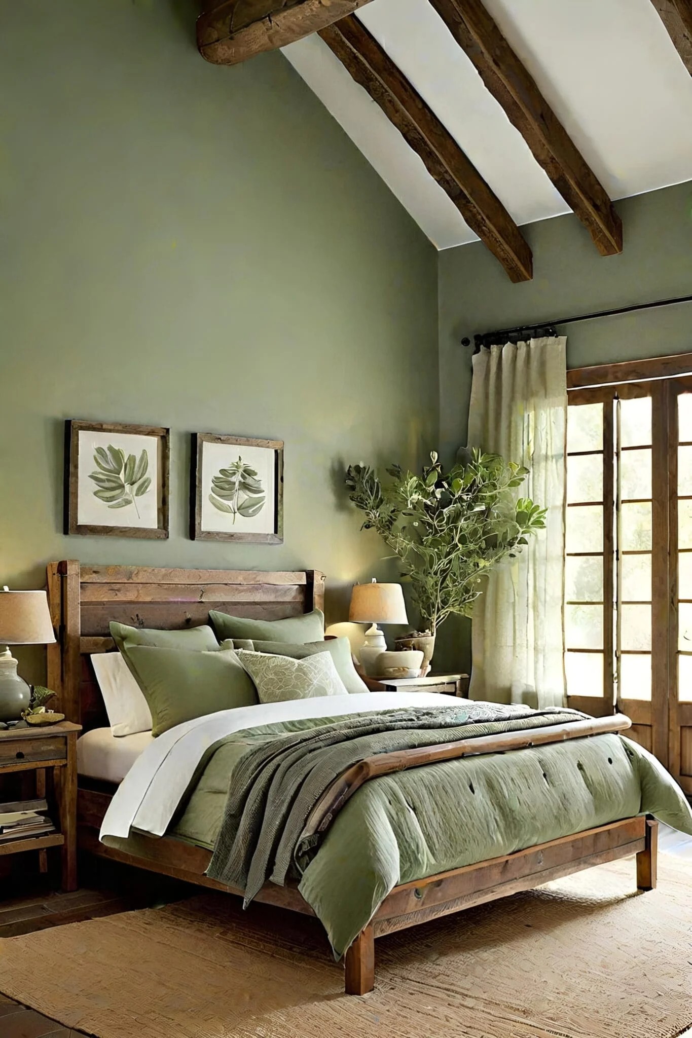 Rustic Sage Green Bedroom With Wooden Accents