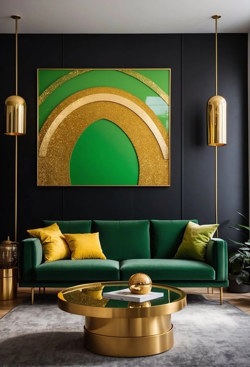 Neon Green Accents and Gold Wall Art