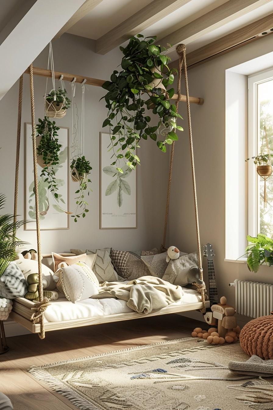 Girl’s Bedroom with Hanging Plants