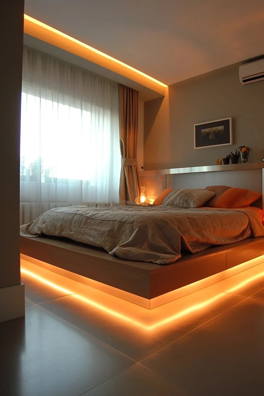 Led Light Strips Along Bedroom Baseboards